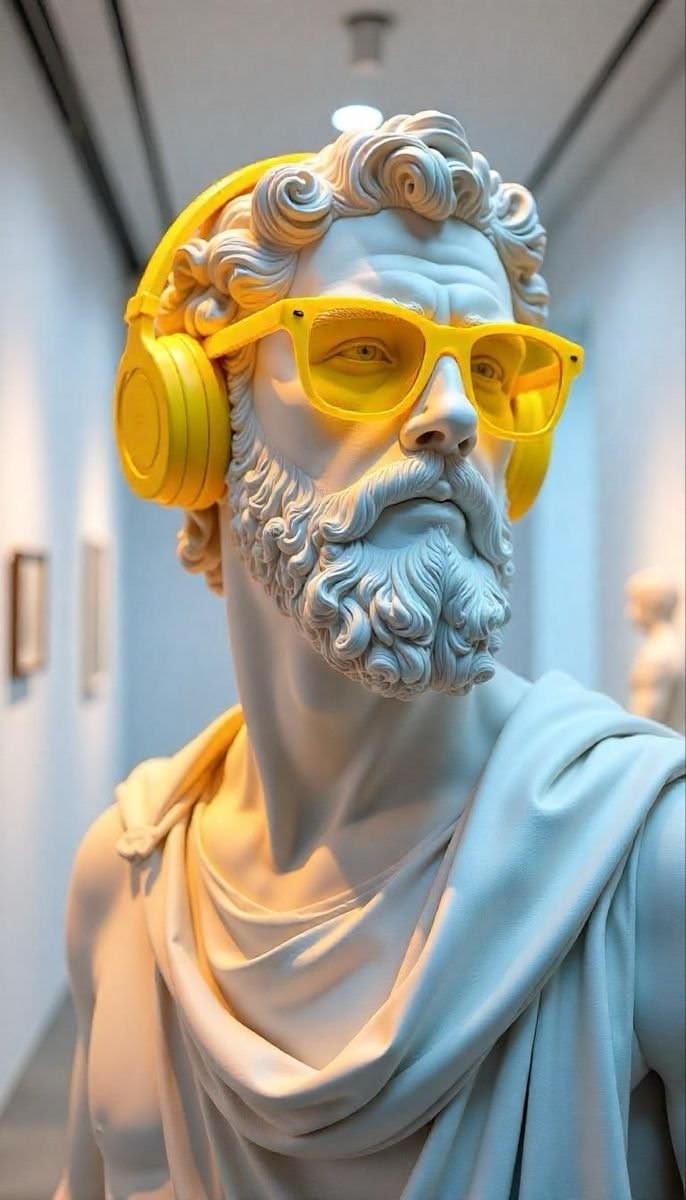 Classical statue with yellow headphones and glasses used as AI workflow artwork