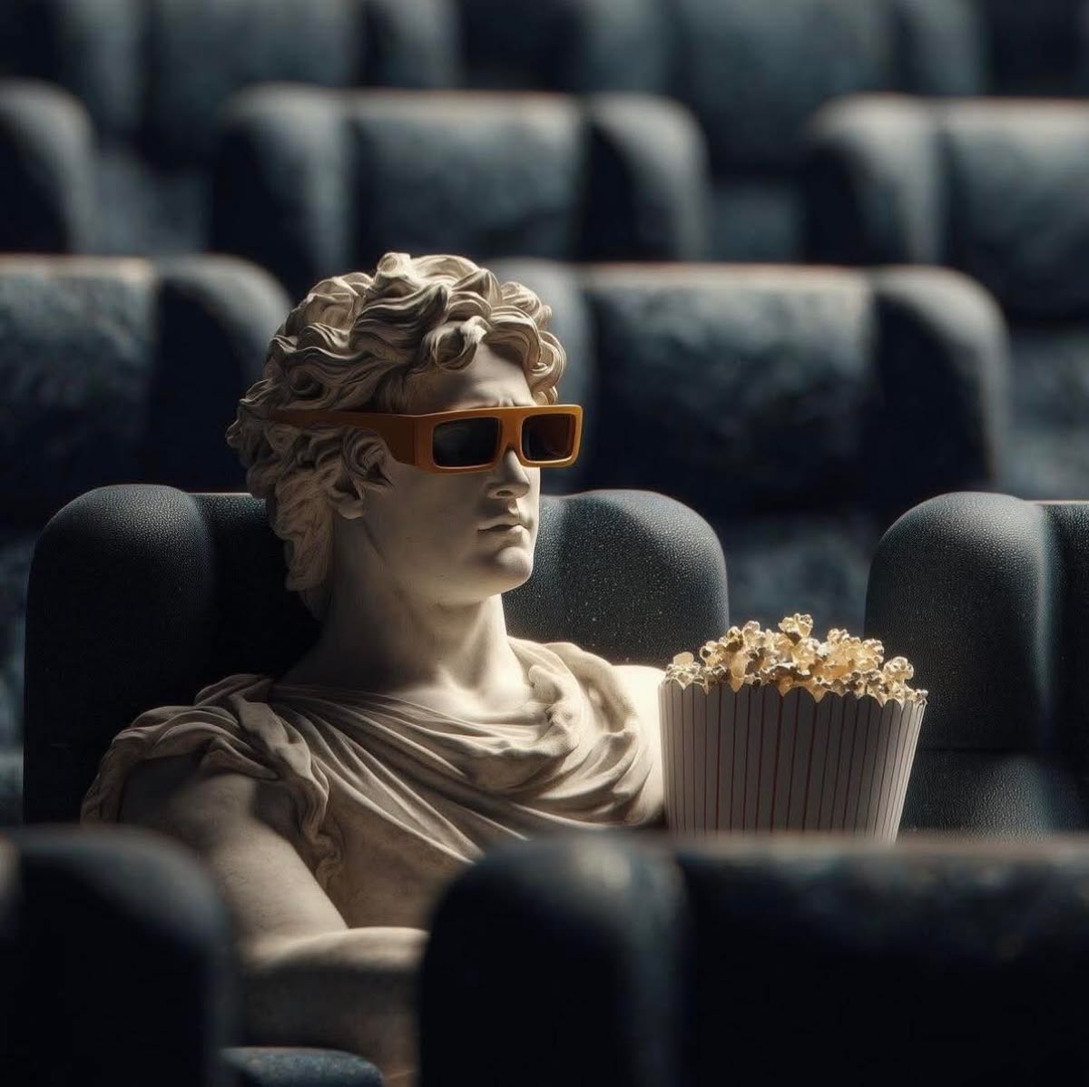Classical statue watching a movie in a cinema with popcorn