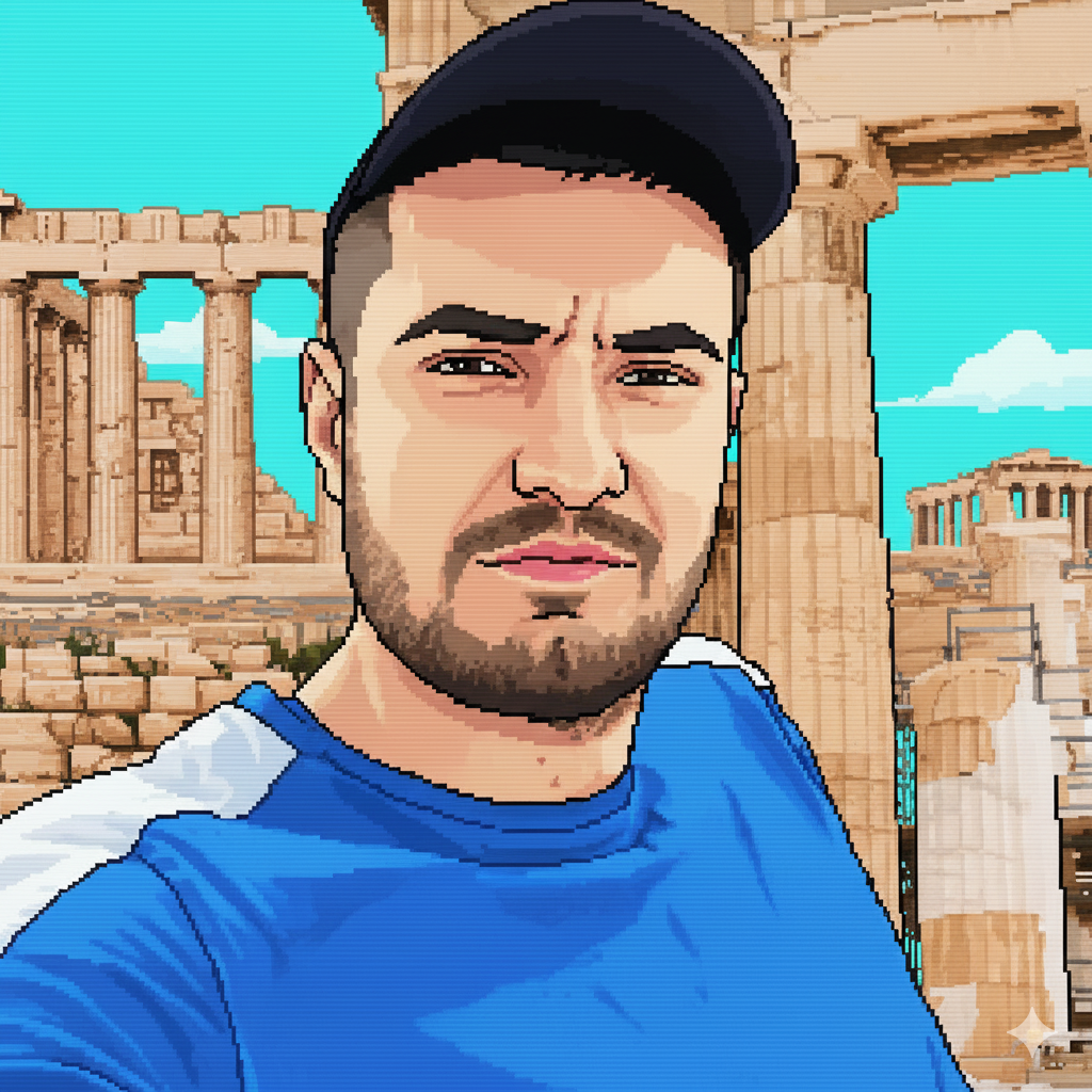 Roman Karbivskyi portrait in pixel art style near Greek columns